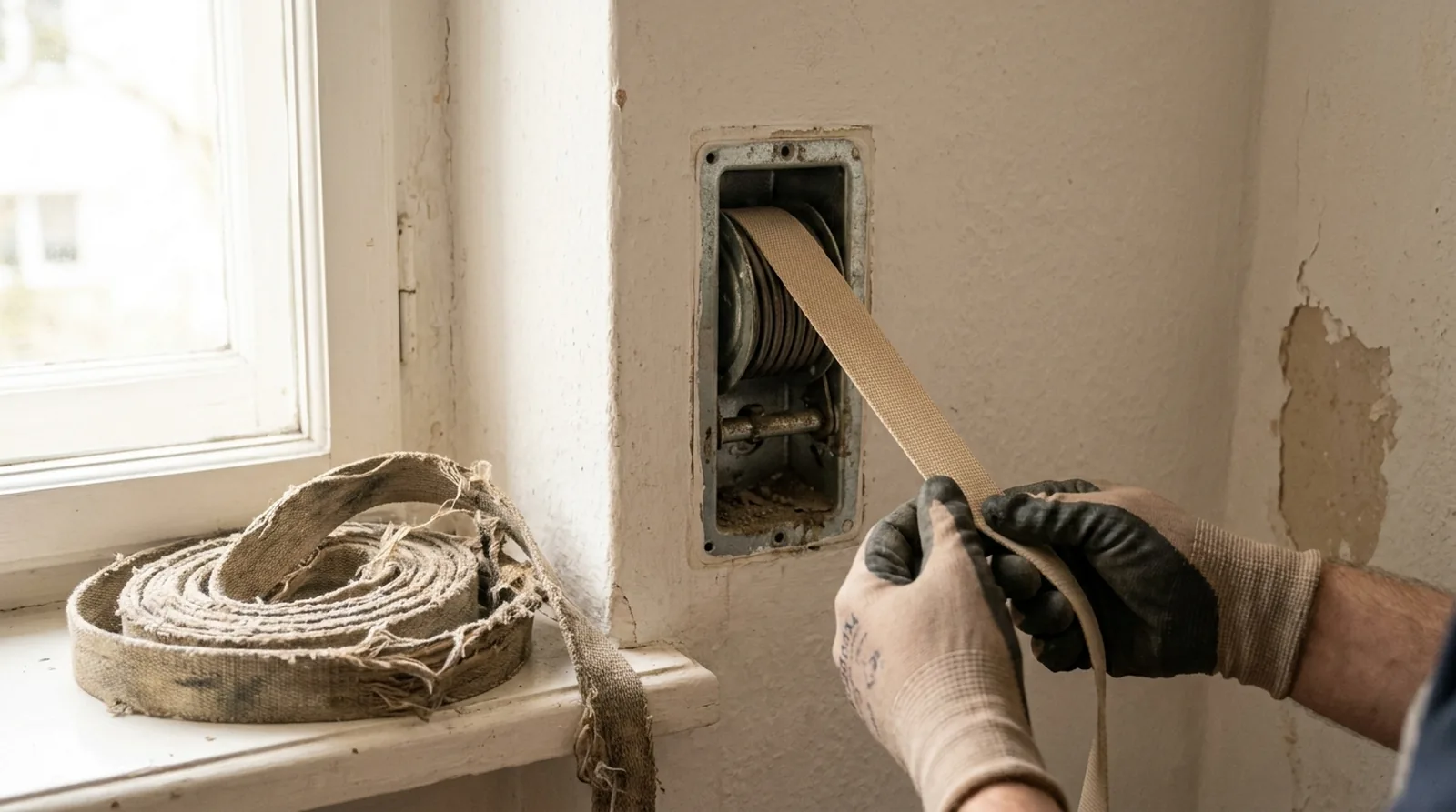 Cambio de la cinta de una persiana con el recogedor empotrado abierto junto a la ventana