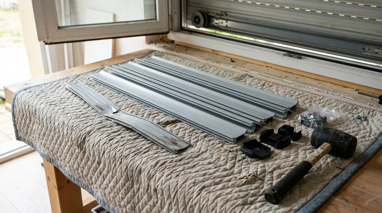 Lamas de aluminio de persiana nuevas junto a una lama doblada retirada sobre una mesa de trabajo