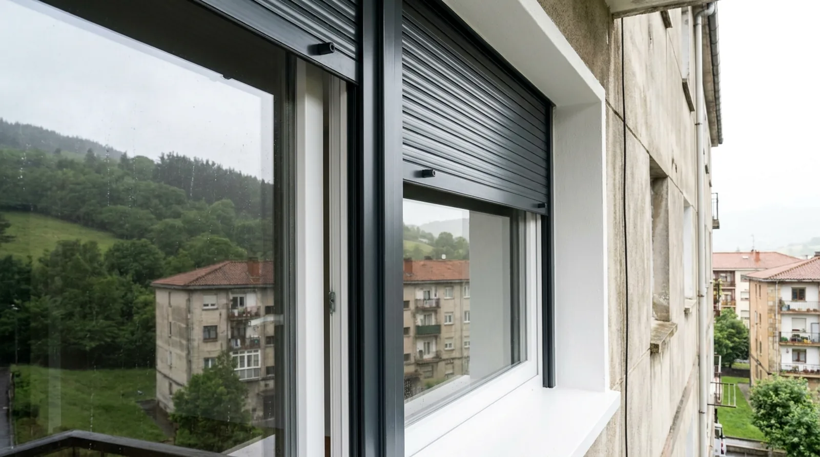 Persiana de aluminio gris instalada en una ventana de una vivienda de Bizkaia