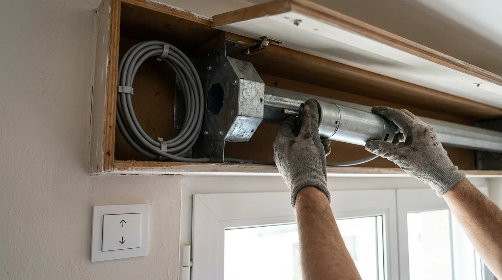 Motor tubular colocándose dentro del eje de una persiana con pulsador de pared junto a la ventana
