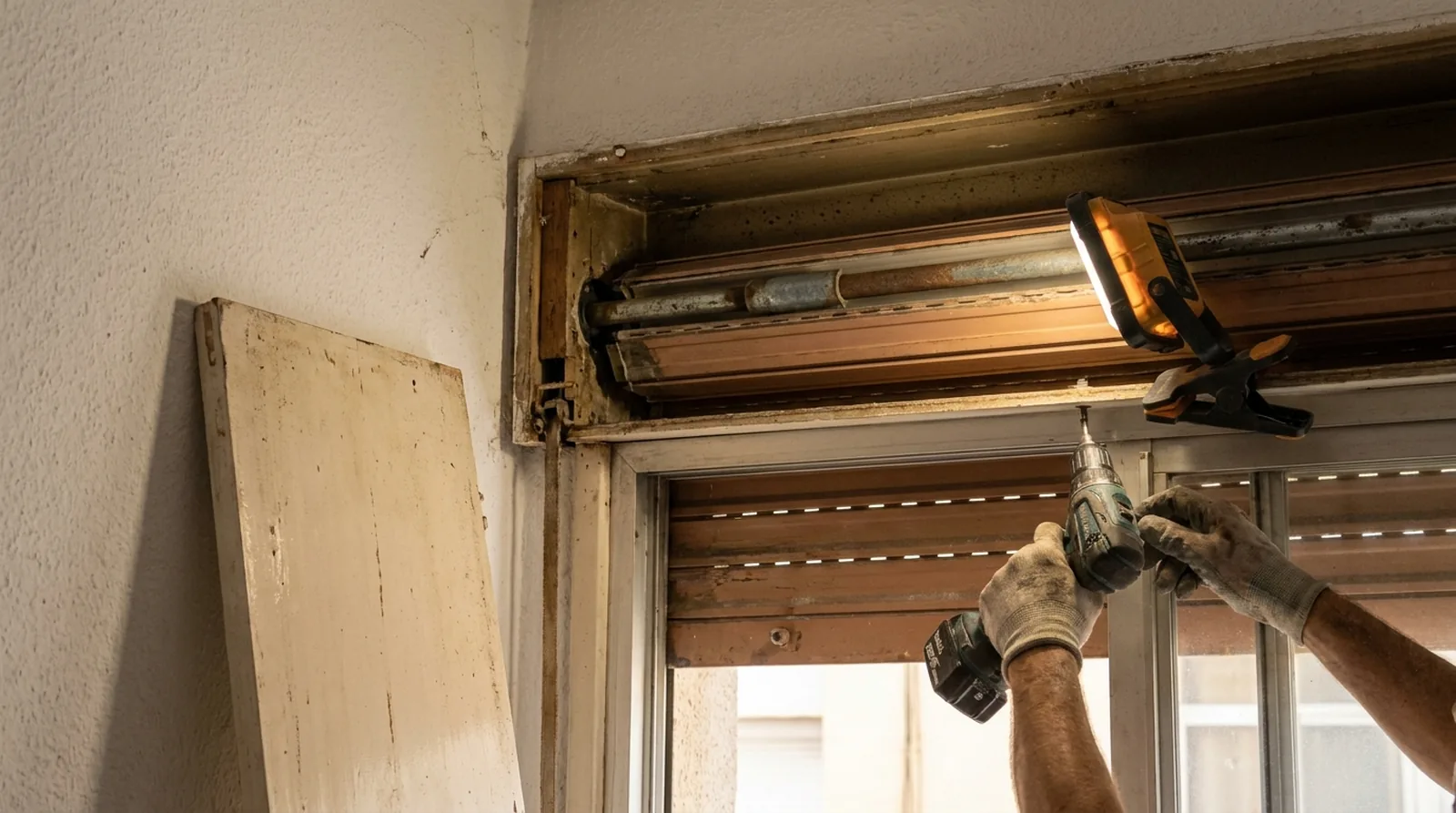Técnico reparando el eje de una persiana enrollable dentro del cajón en una vivienda de Basauri